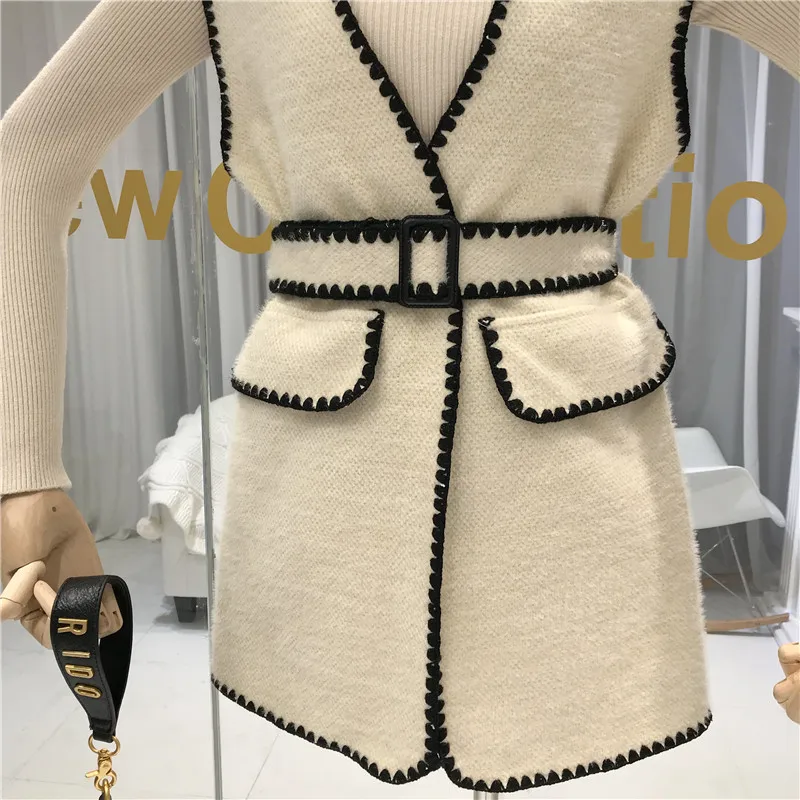 ALPHALMODA, новинка года, зимний жилет в стиле знаменитостей с кружевной отделкой без рукавов кардиган с v-образным вырезом и фальш-карманами+ свитер, комплект из 2 предметов