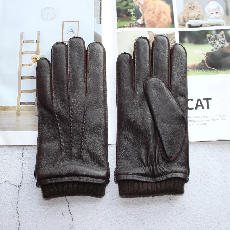 High-quality sheepskin touch screen gloves men's new corrugated wool knitted warm velvet motorcycle driving leather gloves