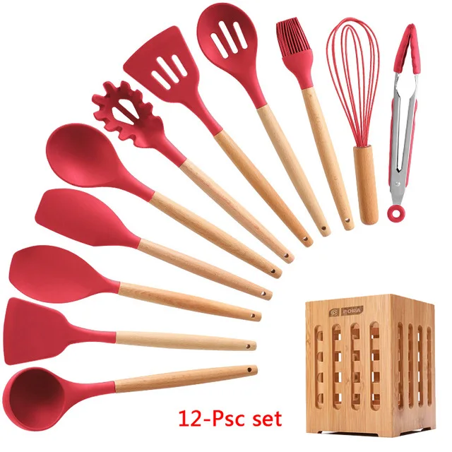 12- kitchen set Набор для кухни, 11/12 предметов. силиконовых кухонный набор, антипригарная, деревянная, ручка, набор кухонных инструментов, набор кухонных принадлежностей, c держателем коробка, для готовки,кухонная утварь - Цвет: 12- kitchen set