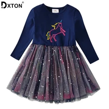 DXTON/Новинка; платье с единорогом для девочек; платье с аппликацией для девочек; Vestidos Licorne; осенне-зимние платья для девочек; платье-пачка принцессы; Детские платья