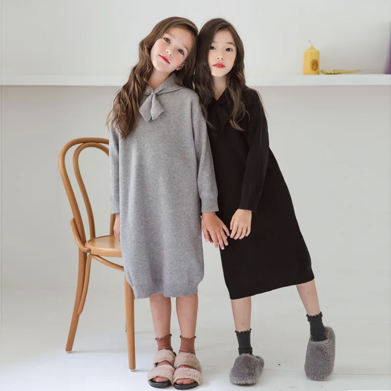 

Kids Dresses 2019 Autumn Winter Girl Clothes Children Knit Dress Fashion Casual Brief Black Gray Sweater Dress for 6 8 10 12 14