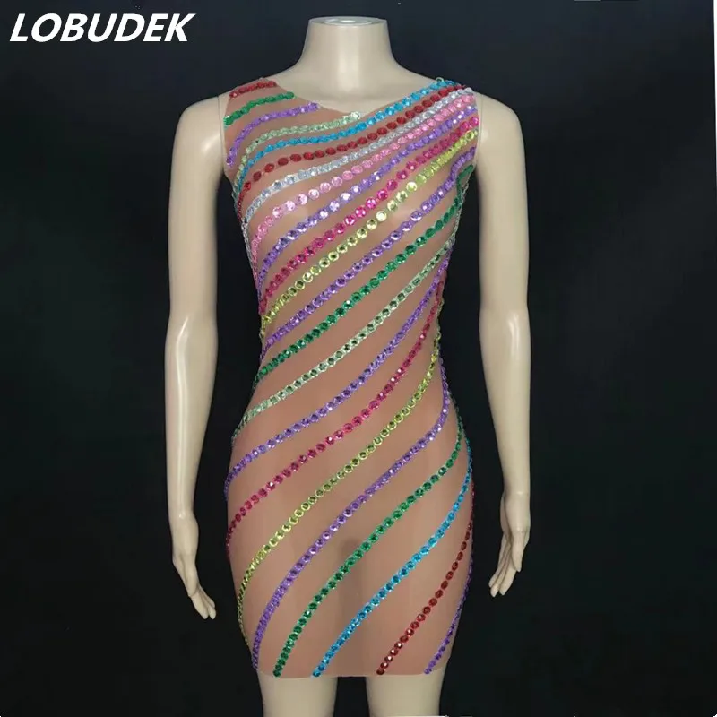 

Evening Party Host Singer Model Catwalk Rhinestones Dress Rainbow Stripes Sleeveless Transparent Mesh Outfit Prom Stage Costume
