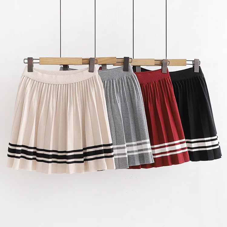KYQIAO faldas mujer moda японская школьная форма mori для девочек зимняя эластичная резинка на талии в полоску трикотажная трапециевидная юбка