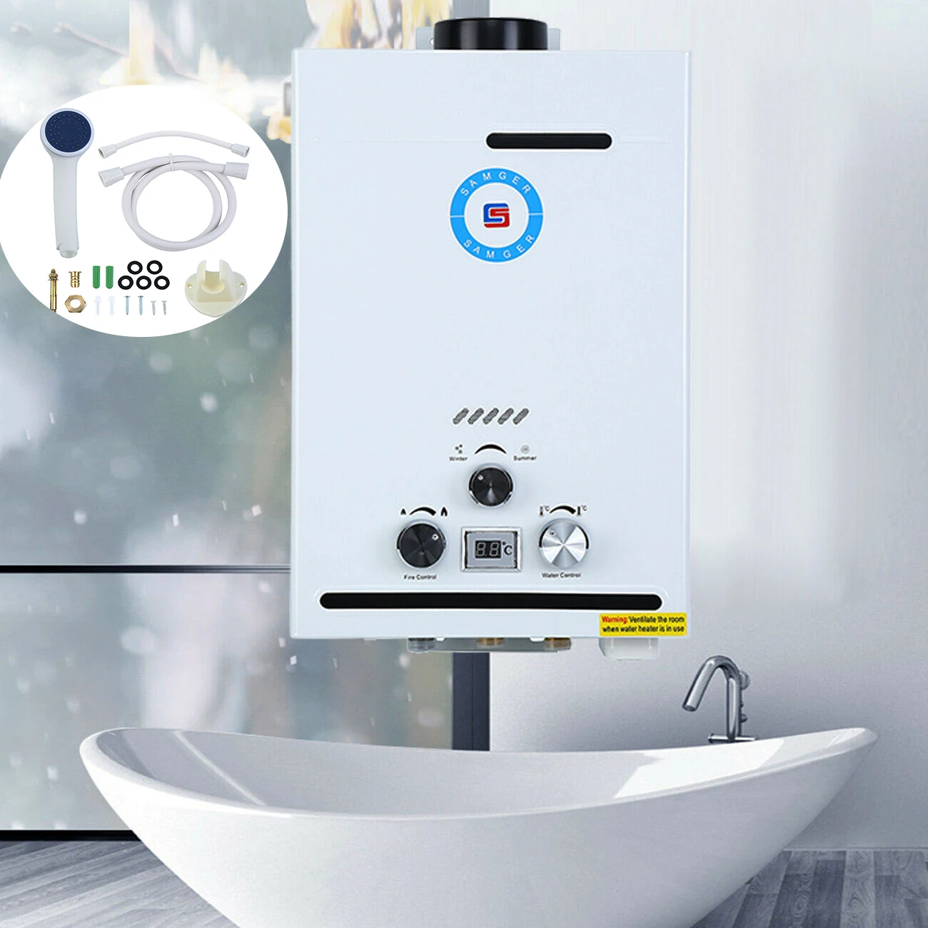 Honhill-calentador de agua de Gas Natural, 8 L, 16KW, instantáneo, con cabezal de ducha, sin depósito, calentador de agua caliente y fría para Camping en el hogar