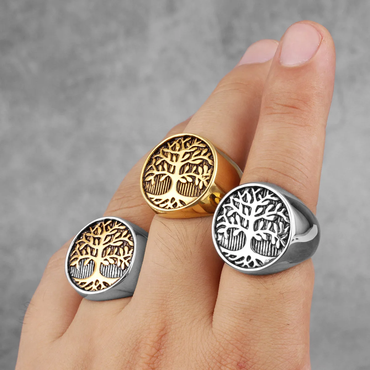 Stainless Steel Mens Ring Tree of Life Amulet Simple Elegant Charm for Male