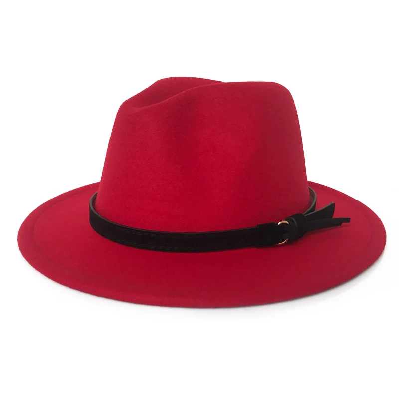 YY черный кожаный ремень Fedora шляпа для мужчин зимняя винтажная фетровая шляпка винтажная Трилби женские церковные шляпы Chapeau Femme Feutre FD19020 - Цвет: Red Fedora Hat