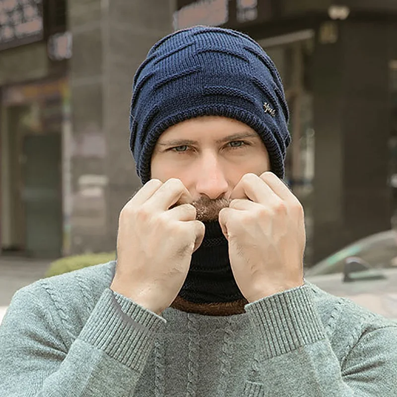Для мужчин шапочка-шарф комплект осень-зима толстые Термальность пушистый вязаный Кепки шеи Теплый головной убор
