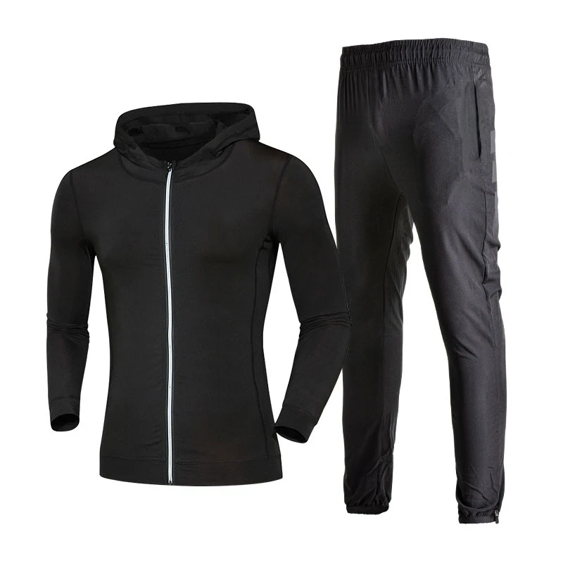 Men sportswear-B Светоотражающая Мужская спортивная одежда с капюшоном, с боковыми карманами, одежда для спортзала, Мужская дышащая эластичная одежда, черный, серый цвет, для тренировок, фитнеса, бега, наборы - Цвет: Men sportswear-B