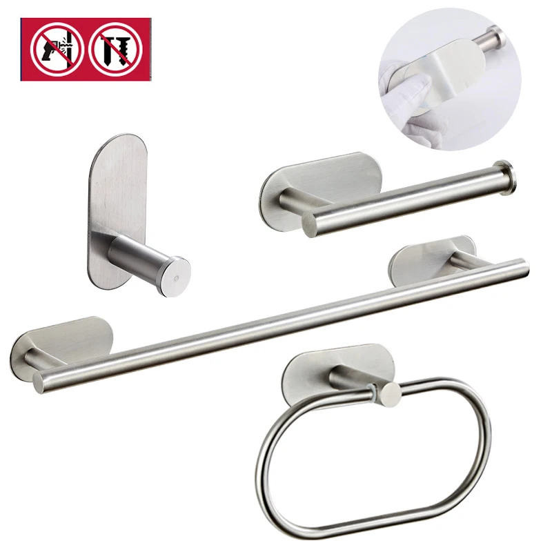 

Bathroom Accessories Set 3M Self Adhesive Stainless Steel Brushed Finish Towel Bar Robe Hooks Towel Ring Toilet Paper Holder