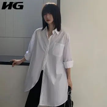 

HG Minority Irregular Womens Tops and Blouses White Korean Style Mid-length Shirt Black Loose Women Clothes 2020 Spring XJ4030