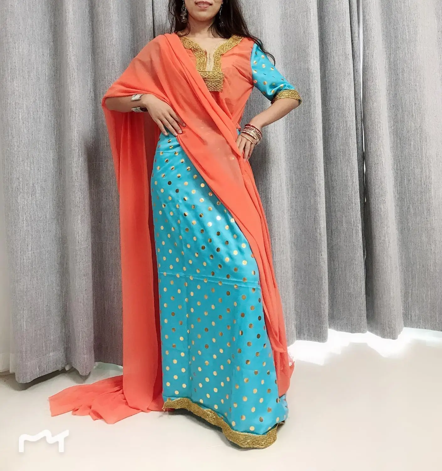 Vestido de de color brillante para mujer, ropa india, pakistaní, estampado en caliente, encaje, cuello en V, India|Ropa de India y Pakistán| -