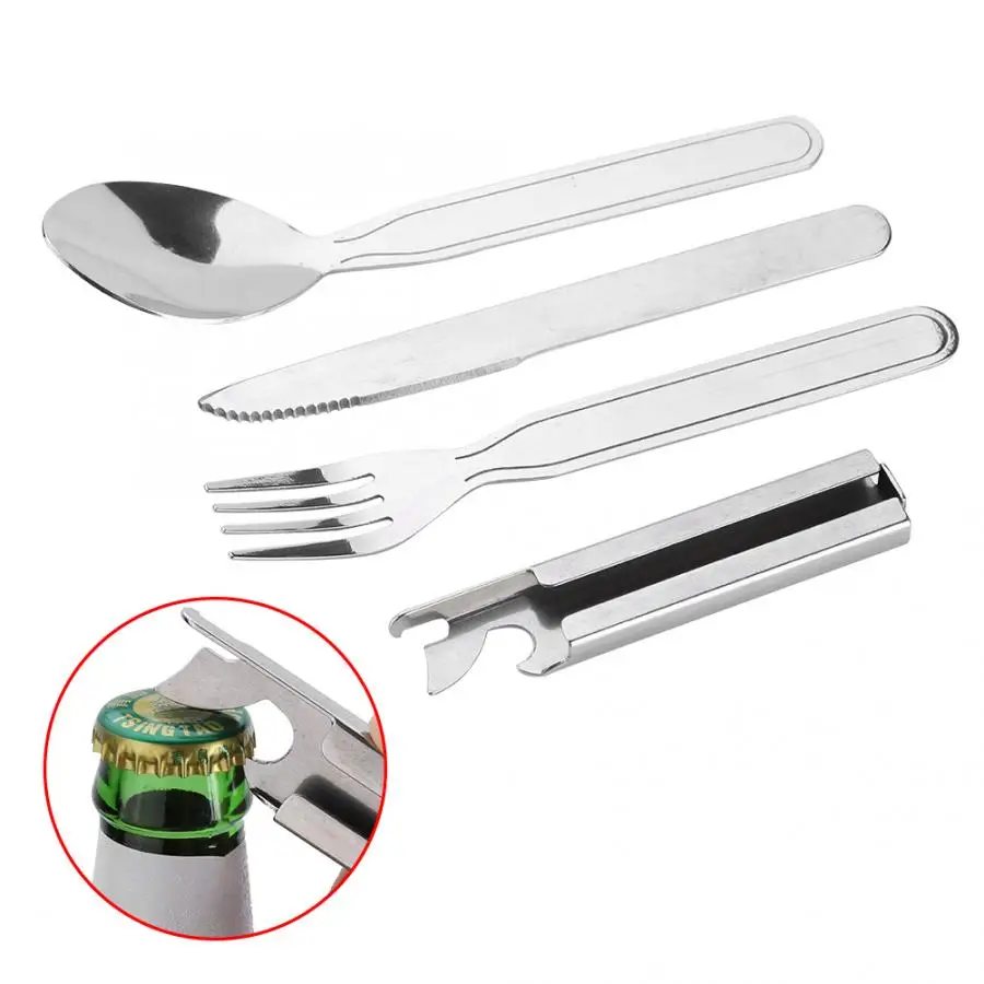 multifunctional 4PCS Silverware Tableware Set Spoon Fork Knife Bottle Opener Outdoor Kits JS for outdoor picnic