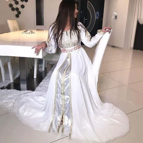 

White Kaftan Abaya Evening Dress Long Sleeve Islamic Dubai Saudi Arabic Long Elegant Formal Evening Gown
