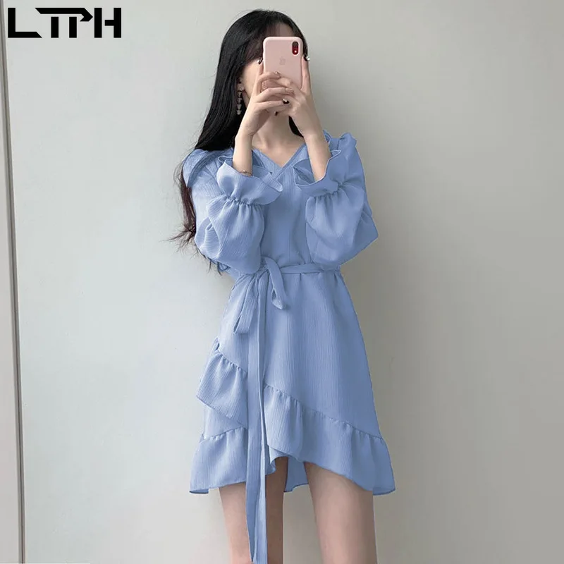 

LTPH 2020 Autumn new arrival Korean dress women Simple Solid color office lady V-Neck trend Ruffles Chiffon puff sleeve dresses