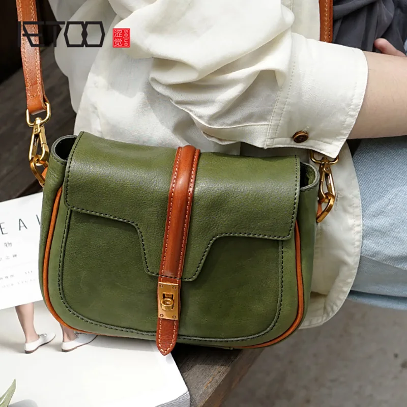 

BJYL Handmade color Singles shoulder bag, cowhide crossbody bag, small retro do old Mori saddle bag