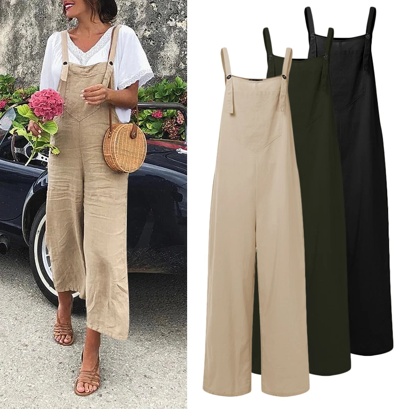 Celmia Women Fashion Sleeveless Straps Jumpsuits Summer Wide Leg Trousers Solid Linen Rompers Ladies Casual Long Pants Overalls Celmia Women Fashion Sleeveless Straps Jumpsuits Summer Wide Leg Trousers Solid Linen Rompers Ladies Casual Long Pants Overalls
