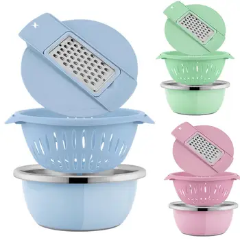 

3-in-1 Stainless Steel Grater Basin Set Vegetable Cutter With Drain Basin Ginger Grater Set For Vegetables Washing Kitchen Tool