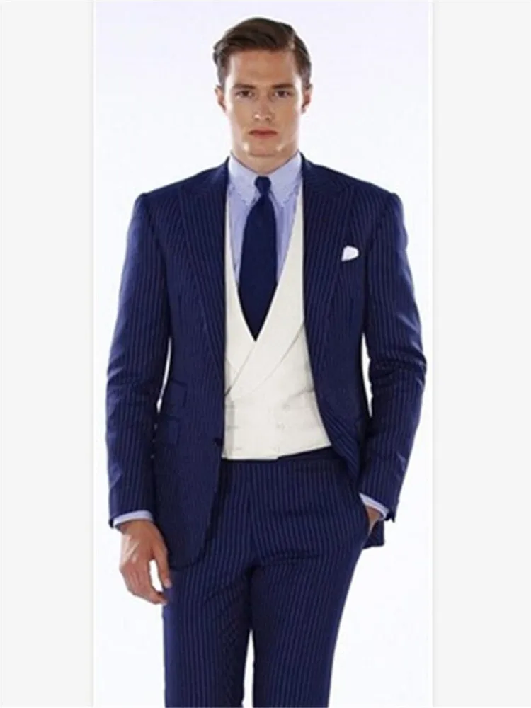 Новые Классические Для мужчин костюм Smolking костюм Terno Slim Fit Easculino вечерние костюмы для Для мужчин Темно-синие с вертикальными полосками для выпускного вечера двойной Brea