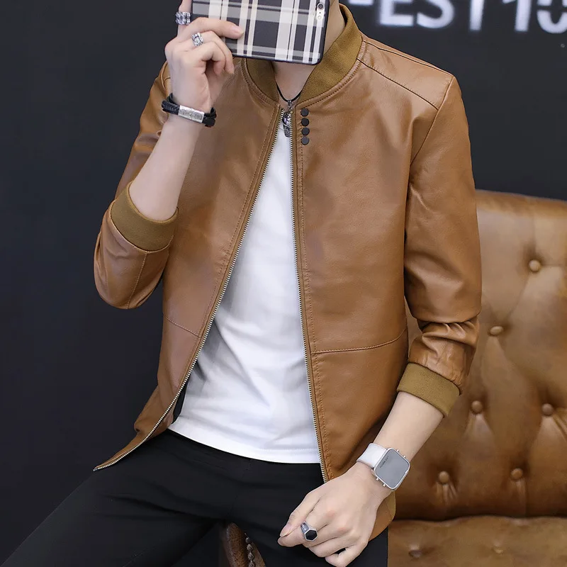 Teenager Leather Coat Men's Autumn& Winter Korean-style Slim Fit Students Coat Stand Collar Jackets Trend Handsome PU Leather J
