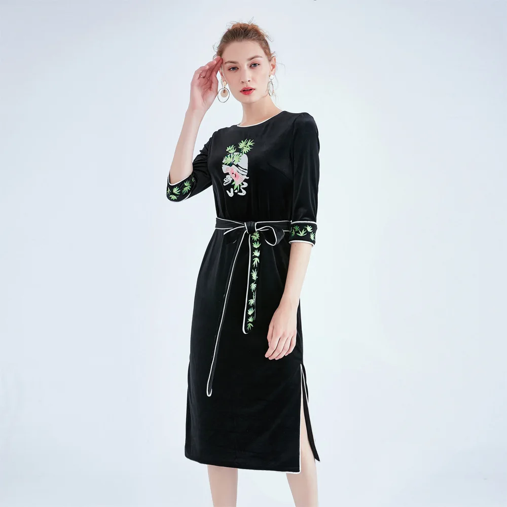 VERDEJULIAY Runway Black Velvet Dress Women Autumn Summer High Quality Half Sleeve Flower Embroidery Belt Split Long Dress