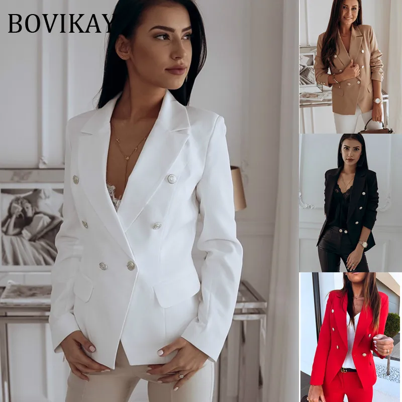 Женский двубортный Блейзер BOVIKAY однотонный пиджак с отложным воротником и