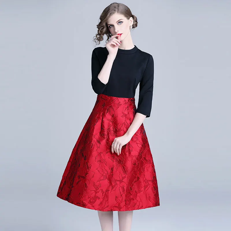 Ladies Elegant Party Women Dress New Brand Autumn Fashion England Line Patchwork to Solid Red Women Casual Dresses
