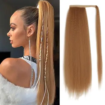 

24inch Heat Resistant Kinky Straight Long Ponytail Synthetic Hairpiece Wrap on Clip Hair Extensions Ombre Brown Pony Tail Blonde