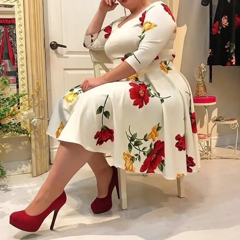Платье размера плюс 5Xl, женское платье с цветочным принтом, 1/2, половинный рукав, v-образный вырез, сексуальное Белое платье миди, платье трапециевидной формы для женщин, для офиса, Vestidos