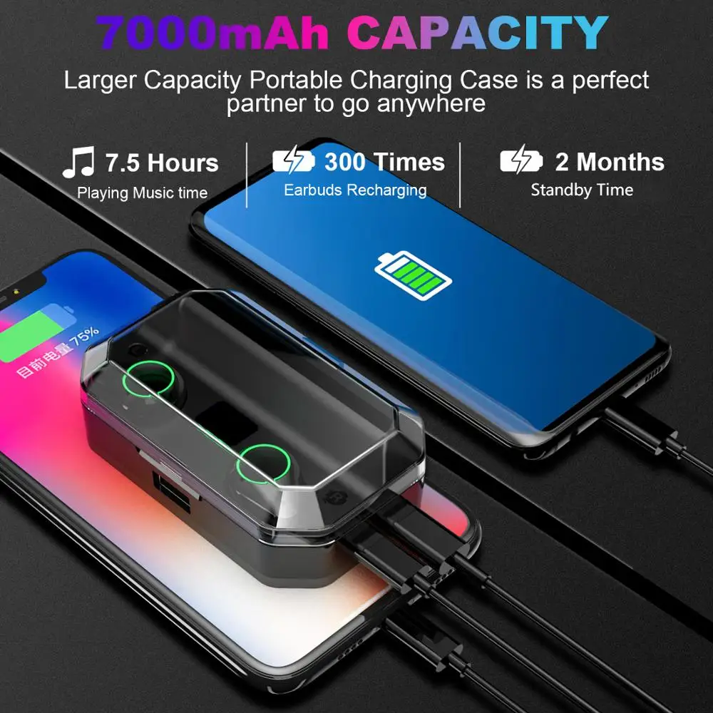 T9 TWS Bluetooth Earphone IPX7 Waterproof LED Power Digital Display with 7000 mAh Charge Box Power