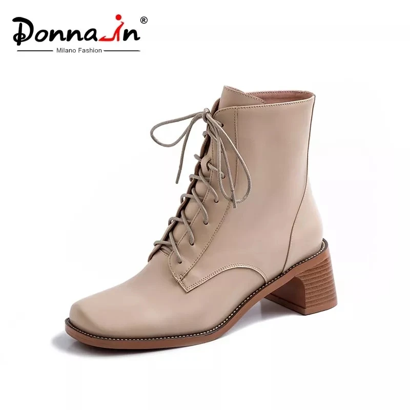 Donna-in Ankle High Heels Boots Women Elegant Cross Tied Square Toe Rubber Boots Genuine Leather Fashion Shoes Woman New