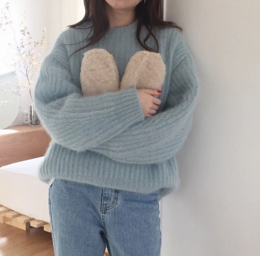 HAMALIEL корейский шик Осень Зима мохер мягкий пуловер Джемпер Мода для женщин фонарь рукав вязаный толстый теплый свободный свитер Топ
