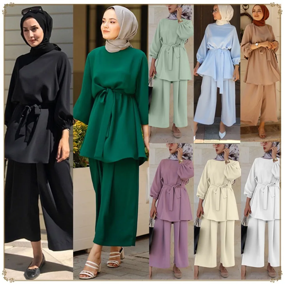 Musulmán 2 piezas conjuntos de verano Dubai tops musulmanes y pantalones trajes mujer kaftan Omán turco Hijab musulmán islámico vestido Ramadán ropa