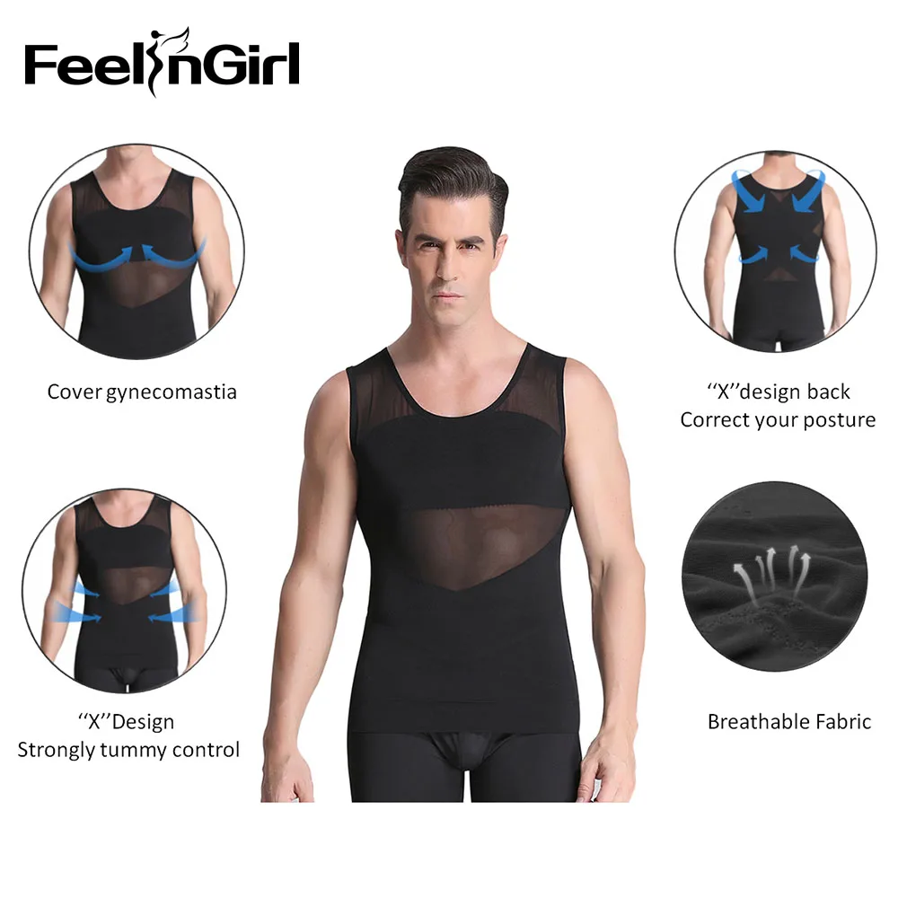FeelinGirl, Мужская корректирующая одежда для похудения, жилет, рубашка, компрессионный жилет Abdo для мужчин, для контроля живота, талии, тренировочный жилет