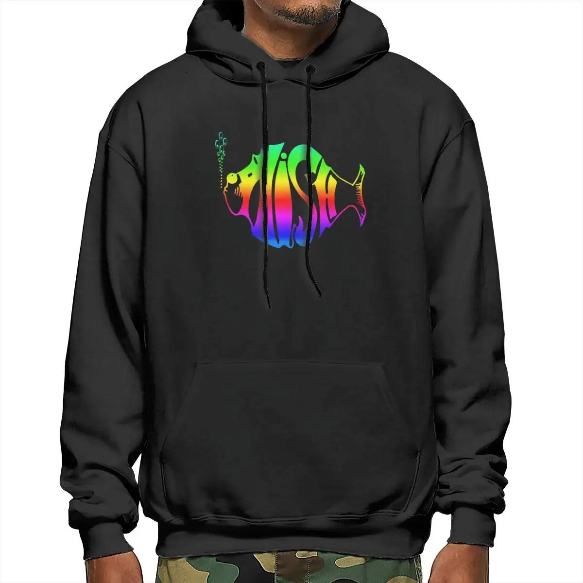 

Mens Pullover Fleece Hoodie Rainbow Phish Classic Sweatshirt with Kanga Pocket Black streetwear hoodies Sweatshirts