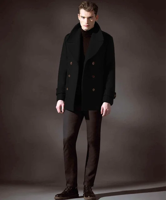 Men’s woolen coat high-end show youth winter double-breasted large lapel short woolen coat Double Breasted Coat Men Men Wool Coat Outwear & Jackets cb5feb1b7314637725a2e7: Black|Blue