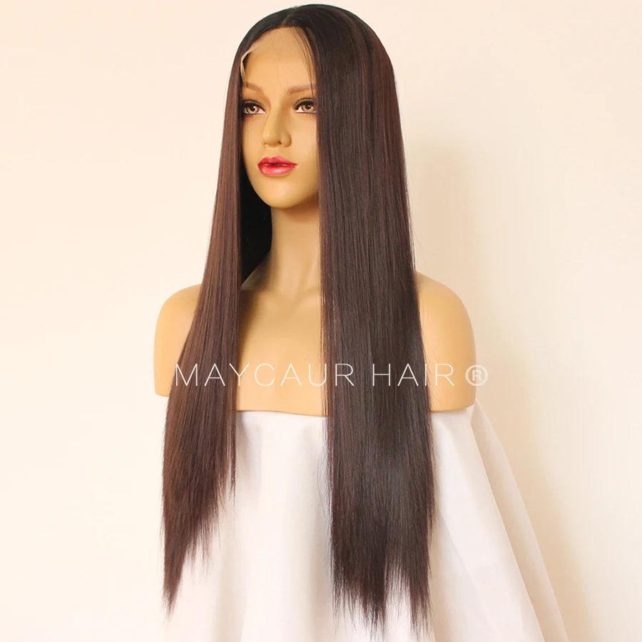 Maycaur Long Straight Wigs with Natural Baby Hair Synthetic Lace Front Wigs for Black Women Glueless Black Brown Ombre Color Wig (6)