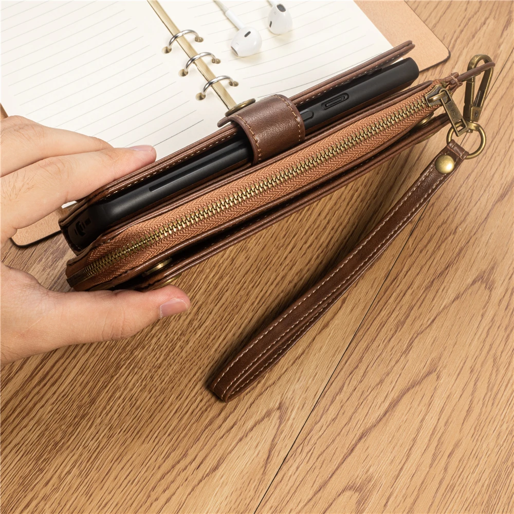 Luxury Leather Zipper Wallet Handbag Case for OnePlus 7 Pro Multi-Functional Detachable Flip Card Slot Magnetic Cover