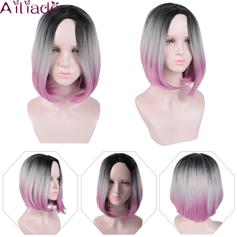 AILIADE Ombre парики для женщин синтетические короткие волосы темно корень розовые