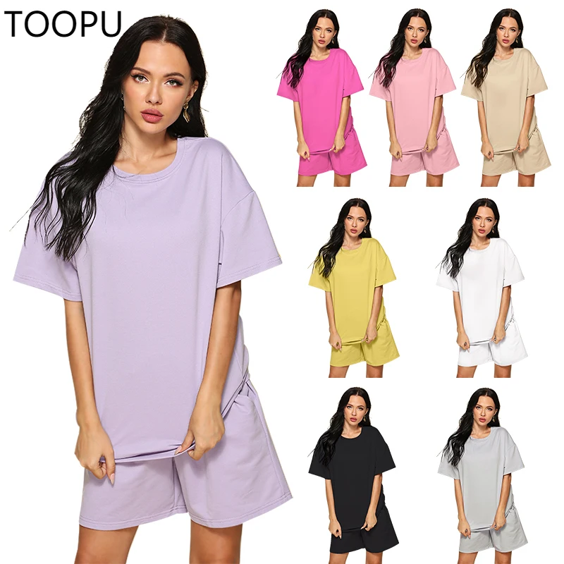 

S-5XL Summer Tracksuits Womens Two Peices Set Leisure Outfits Cotton Oversized T-shirts High Waist Shorts Candy Color Clothing