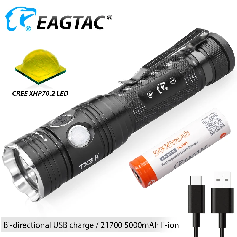 EAGTAC TX3V USB Rechargeable LED Flashlight XHP70.2 3550 Lumens 21700 5000mAh Battery Power Bank Tactical Torch Tailcap Magnet