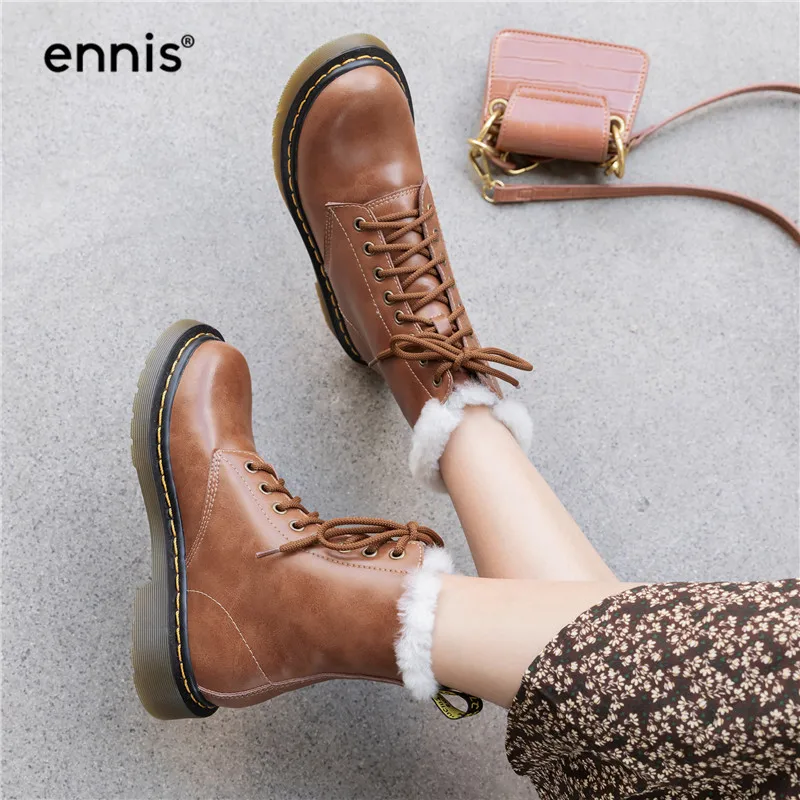 ENNIS/модные зимние ботинки; женские ботинки из натуральной кожи; Ботинки Martin на шнуровке; шерстяные ботинки; Теплая обувь из плюша на плоской подошве; Сезон Зима; Новинка; A9321