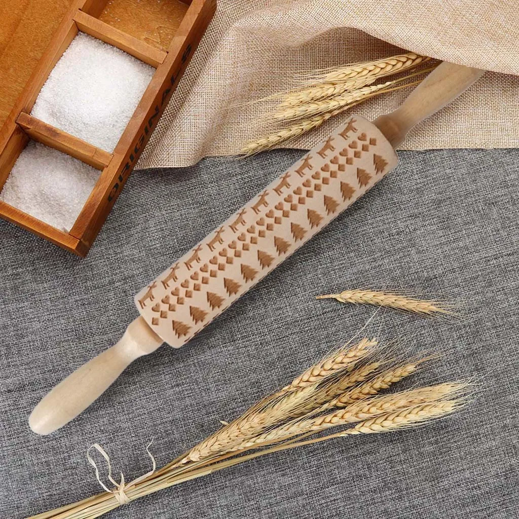 

Christmas Rolling Pin Engraved Carved Wood Embossed Rolling Pin Kitchen Christmas Pattern Fondant Pastry Cake Decorating Tool
