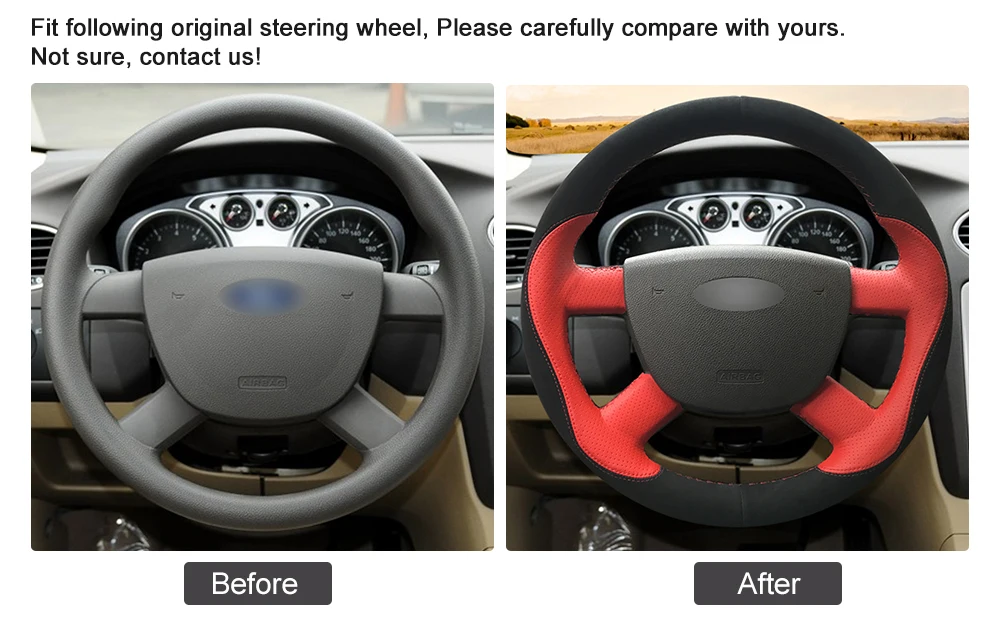 Черный, красный кожаный чехол для рукоделия рулевого колеса для Ford Kuga 2008-2011 Focus 2 2005-2011 C-MAX 2007-2010 Transi