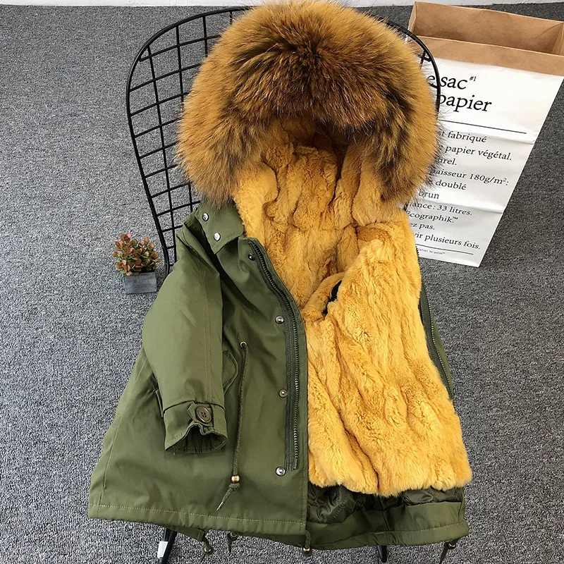 Детское пальто коллекция года, модное зимнее пальто с натуральным мехом теплая парка с воротником из меха енота для мальчиков и девочек детская куртка - Цвет: Green yellow fur