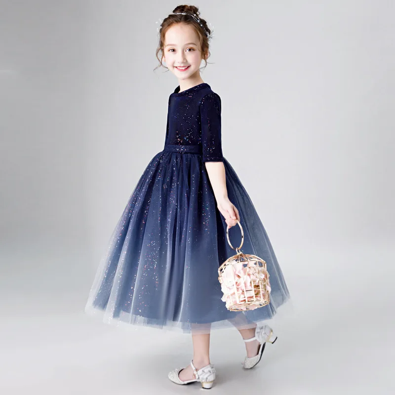 New Shelves Kids Flower Girl Dress Thickening Warm O-neck Half Sleeve Sequins Elegant Organza Ball Dress Girl Beauty Dress