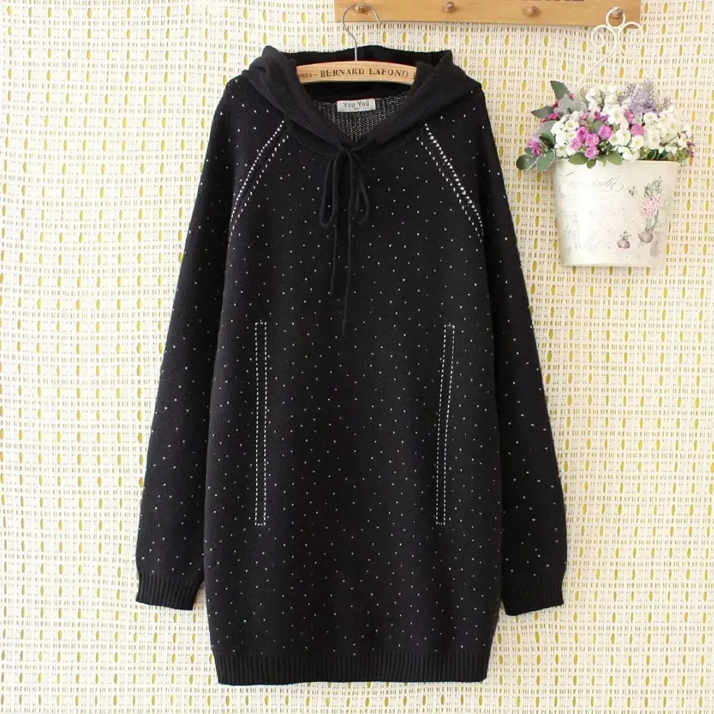 Plus Size Women's Long Sweaters Hooded Knitted Outwear Oversized Casual Tops womens sweaters - Цвет: Черный