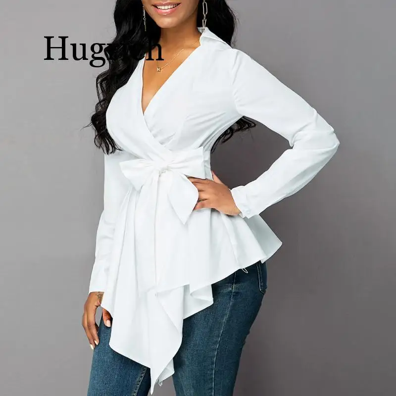 

Wome Blouse And Tops Autumn White V Neck Shirt Asymmetrical Hem Sashes Blouses Fashion Office Ladies Shirt Solid Blusas 2020