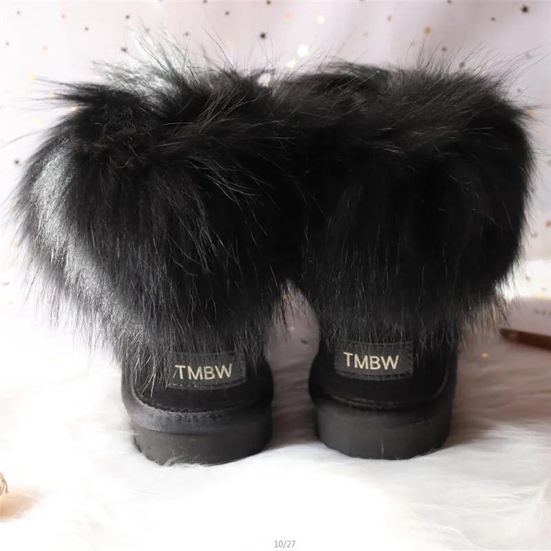 New Natural Big Fox Fur Genuine Leather Women Snow Boots Wool Inside Winter Boots Slip-On Ankle Boots Female Raccoon Fur