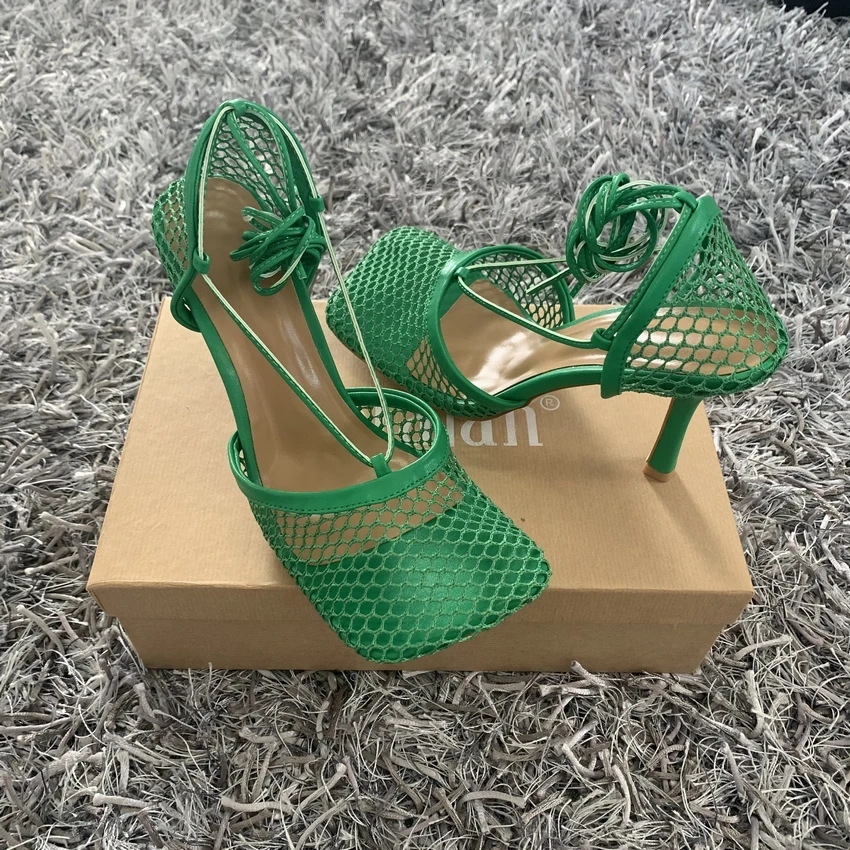 Women High Heels Sexy Green Mesh Square Toe Lace Up Cross-tied Stiletto hollow for Party women high heels platform high heels sandals