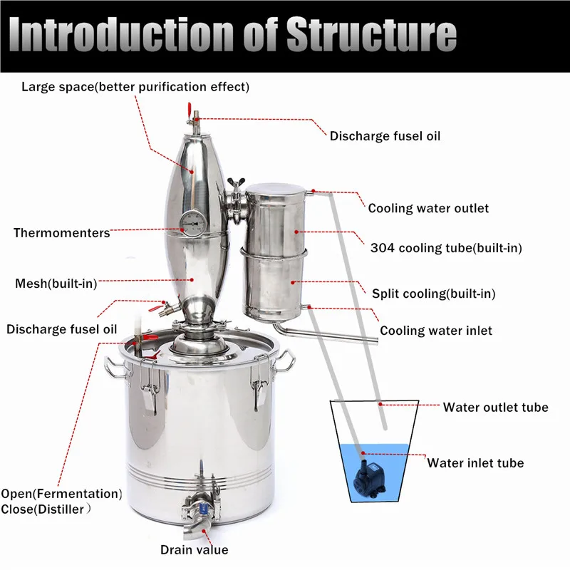 20 Вт, 30 Вт, 50L бытовой дистиллятор для самостоятельного изготовления виски котла кулер Нержавеющая сталь Медь этанол алкоголя воды важное вино масла пивоварения